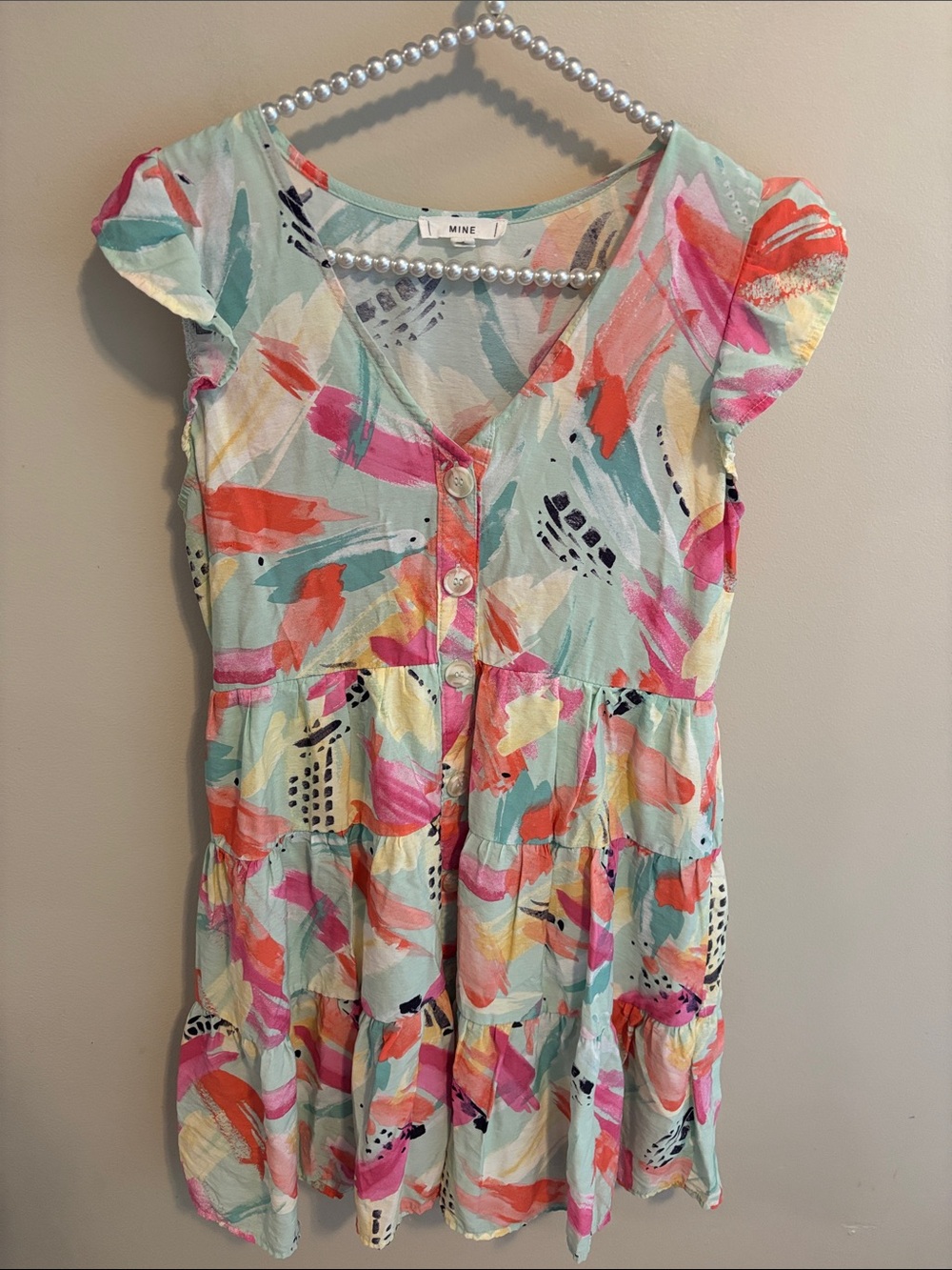 MINE Dress Womens Small S Multicolor Abstract Watercolor Print Tiered Flutter
